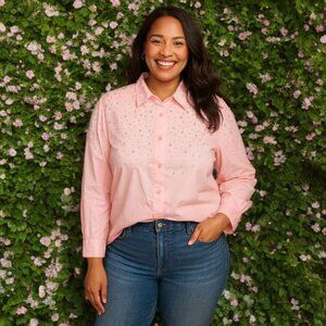 Quacker Factory Pearl Beaded Button Down Blouse Rhinestone Glam Sparkle Shirt XL